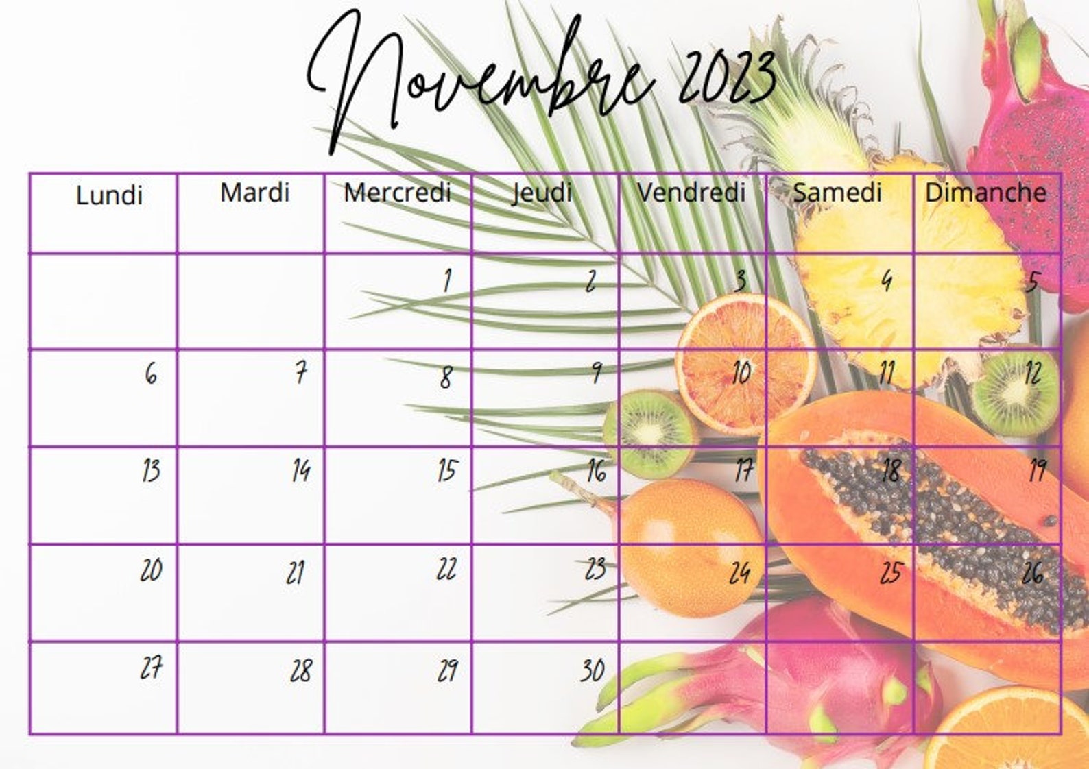 Calendrier Mensuel 2023 à imprimer A4 fruits Calendrier - Etsy France