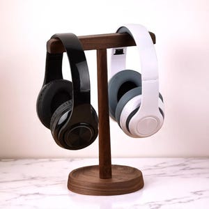 Solid Wood Dual Headphones Stand - Headset Holder with Storage - Gift for Gamers and Music lovers