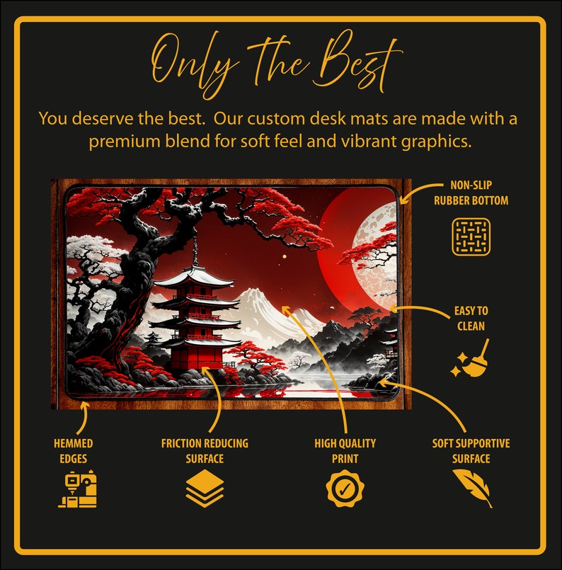 Peut inclure: Un tapis de bureau rouge et noir avec un design d'inspiration japonaise repr&eacute;sentant une pagode, une montagne et une pleine lune. Le tapis est dot&eacute; d'un fond en caoutchouc antid&eacute;rapant, de bords ourl&eacute;s et d'une impression de haute qualit&eacute;.