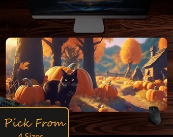 Kawaii Cat in a Pumpkin Patch, Fall decor for halloween, a comfy witchy black cat aesthetic, Fall Mousepad, xl size desk pad