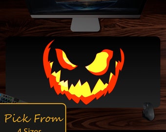 Spooky Jack o lantern Halloween deskmat, Fall Mousepad, xl size desk pad, glowing jack-o'-lantern smile, Desk Decor and Aesthetic desk mat
