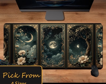 Lunar Celestial Tarot Card Desk Mat Dark Green Occult  Witch Night Nature Botanical Floral Mousepad Stars Magic Mouse Moon Office Gift Idea