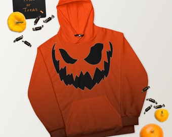Scary Jack-o'-Lantern Face Halloween Hoodie with Black-to-Orange Gradient - Unisex Halloween Costume