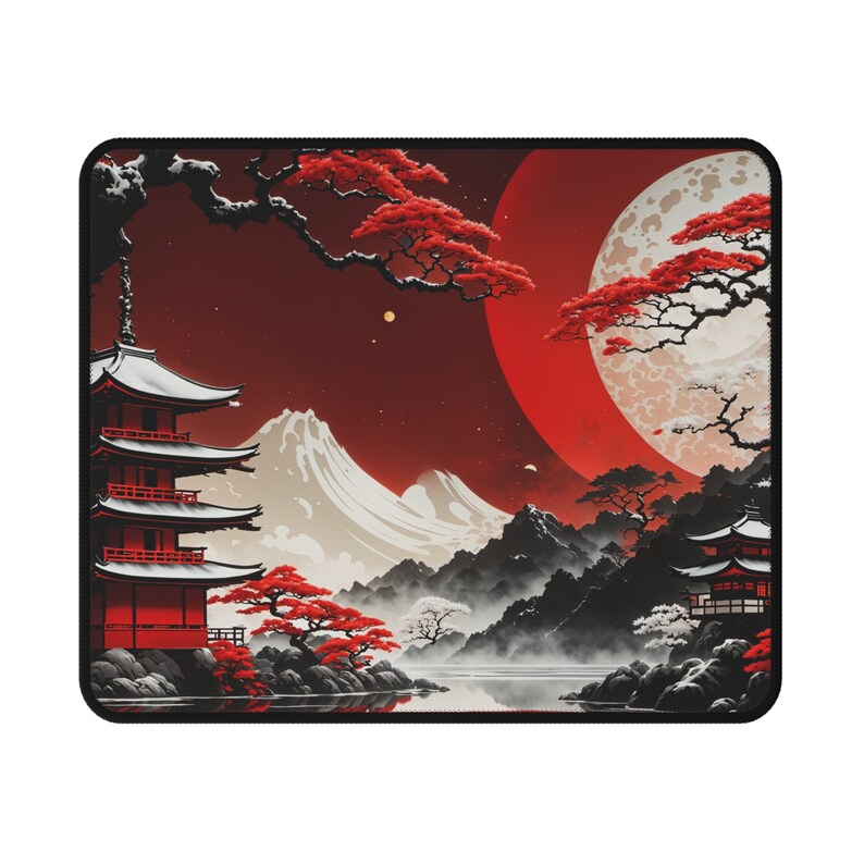 Peut inclure: Une pagode japonaise rouge et blanche avec une lune rouge et des cerisiers en fleurs rouges en arri&egrave;re-plan.