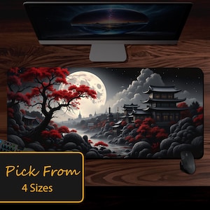 Riverside Sakura tree Japan Extra Large Mousepad, Full Moon in Black and Red, Long Mouse Pad, Gaming Desk Mat, Japanese Desk Pad