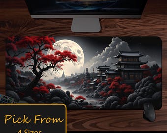 Riverside Sakura tree Japan Extra Large Mousepad, Full Moon in Black and Red, Long Mouse Pad, Gaming Desk Mat, Japanese Desk Pad