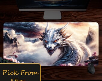 White Oriental Dragon Desk Mat - Extra Large Gaming Mouse Pad with Chinese Dragon Design Mousepad Deskmat Deskpad