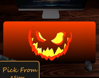 Spooky Jack o lantern Halloween desk pad, Fall Mousepad, xl size desk mat, glowing jack-o'-lantern smile, Desk Decor and Aesthetic deskmat