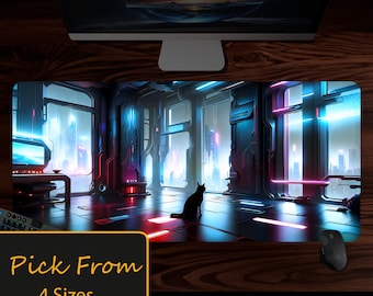 Cyberpunk Sci-fi Cat Watching City, Sci-fi Desk Mat, City Desk Pad, Lo Fi Mousepad, Skyline Mouse Pad, Fantasy Playmat, Gaming Play Mat