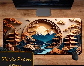 Asian Landscape Desk Mat, Serene Japanese-Inspired Office Decor, Tranquil Mountain River Scene, Meditation Pad, Zen Work Station Supply