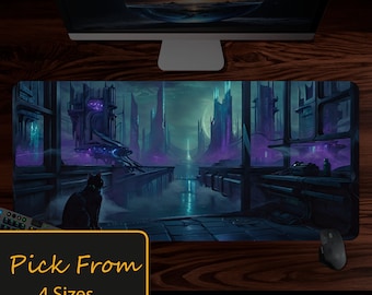 Sci-fi Cyberpunk Cat Watching City, Sci-fi Desk Mat, City Desk Pad, Lo Fi Mousepad, Skyline Mouse Pad, Fantasy Playmat, Gaming Play Mat