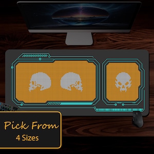 May include: A rectangular black mouse pad with a yellow and gray skull design. The mouse pad has a futuristic design with a teal border and the text "Pick From 4 Sizes". A computer monitor and mouse are visible.