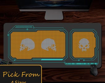 Desk Mat, Cyberpunk 16-Bit Alien Skull Design, High Tech Low Tech Themed, Front and Side Views, Gaming Mouse Pad, Office Decor, Computer