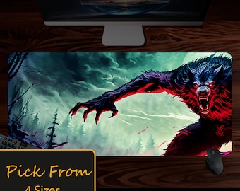 Lycanthrope Desk Pad, Hells Hunter Desk Mat, Werewolf Mouse Pad, MTG Large Gamer Mouse Pad, Horror Workspace, Scary Decor Office Accessory