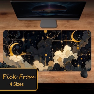 May include: A black and gold mousepad with a design of clouds, stars, and crescent moons. The text "Pick From 4 Sizes" is at the bottom of the image.
