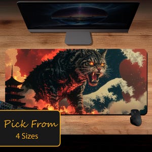 Giant Fiery Cat Desk Mat, Monster Cat Mousepad XL, Japanese Pagoda Dark Fantasy Gaming Desk Pad, Gift for Cat Lovers