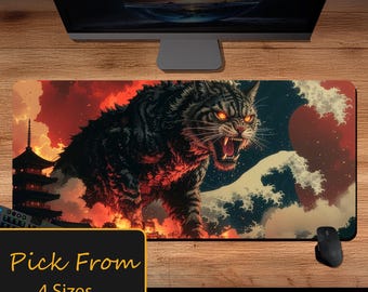 Tapis de bureau Chat géant de feu, Tapis de souris Chat monstre XL, Tapis de bureau gaming Pagode japonaise Dark Fantasy, Cadeau pour les amoureux des chats