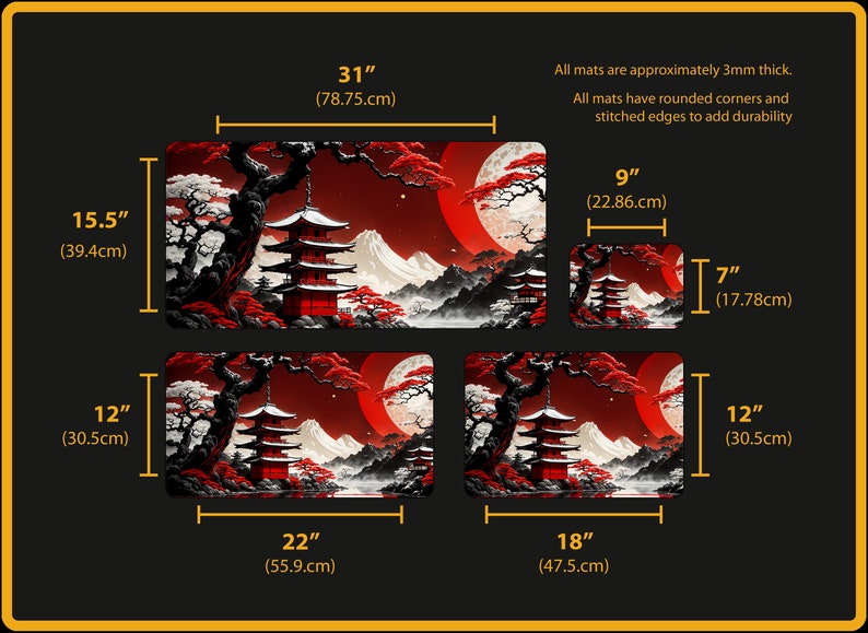 Peut inclure: Quatre tailles diff&eacute;rentes de tapis de souris avec un design d'inspiration japonaise avec une lune rouge, une pagode et des cerisiers en fleurs. Le plus grand tapis de souris mesure 78,75 cm sur 39,4 cm, le deuxi&egrave;me plus grand mesure 55,9 cm sur 30,5 cm, le troisi&egrave;me plus grand mesure 47,5 cm sur 30,5 cm et le plus petit mesure 22,86 cm sur 17,78 cm.