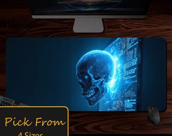 Cyberpunk Skull Desk Mat, Computer Monitor Data Art, Halloween Office Decor, Gaming Mouse Pad, Tech Accessories, Blue Glow Skeleton Work