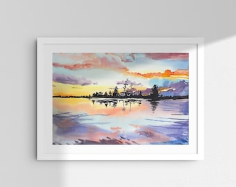 Atardecer rosa, pintura original, acuarela.