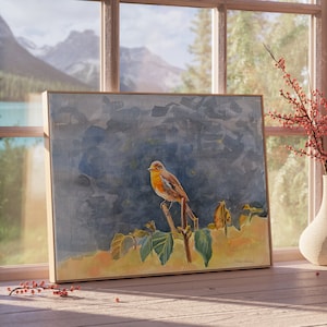 Robin, original painting, gouache and watercolor on canvas