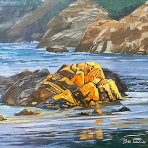 Golden shore, original painting, gouache