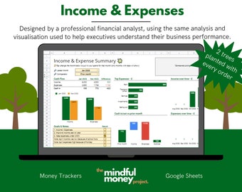 May include: A laptop screen displaying a Google Sheets spreadsheet titled "Income & Expense Summary". The spreadsheet shows a bar graph comparing income and expenses for January 2023 and December 2022. The spreadsheet also includes a section for goals and notes. The laptop is on a green background with a tree on each side. The text "2 trees planted with every order" is in a green starburst shape.