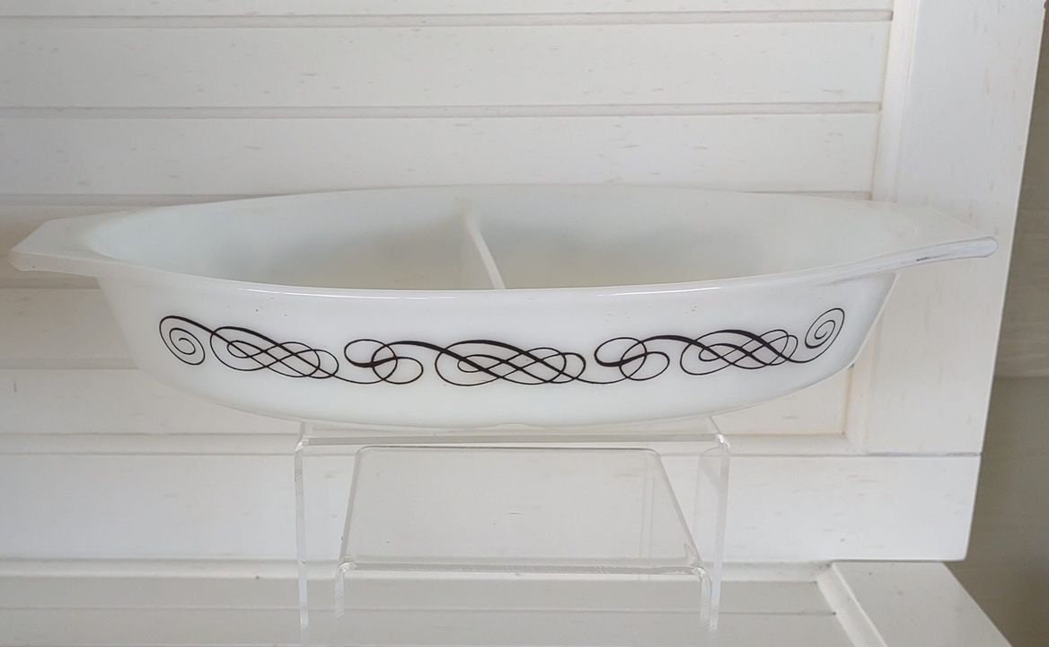 Fabulous Black Scroll Divided Casserole Vintage Baking Dish by