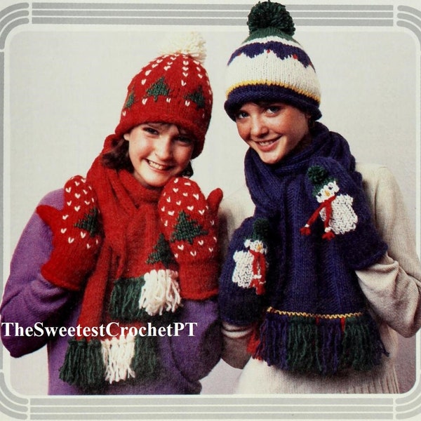 Christmas children set knitting pattern Hat Mittens Scarf with trees and snowman Bulky yarn Vintage 80s Instant Download PDF