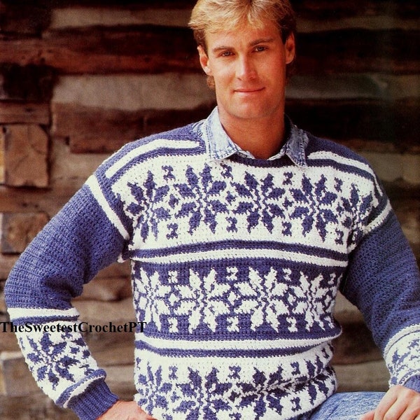 Mens Christmas sweater crochet pattern Snowflakes sweater 4 Sizes Sport yarn Instant Download PDF