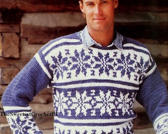 Mens Christmas sweater crochet pattern Snowflakes sweater 3 Sizes Sport yarn Instant Download PDF