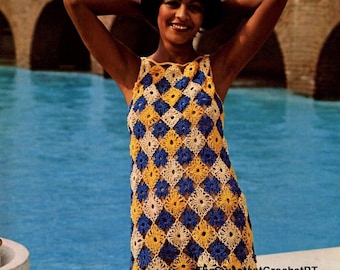 Ladies Crochet Flared Sleeveless Mini Dress, Vintage Crochet