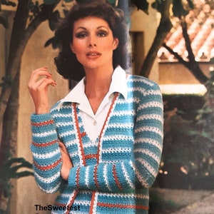 Crochet jacket and sweater top pattern duo Striped sweater set 3 sizes Bust 30.5-36in Vintage 70s Sport yarn INSTANT DOWNLOAD PDF