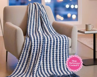 White blue crochet blanket pattern Easy and Quick 45x65" throw Bulky yarn Home decor gift Vintage afghan PDF INSTANT DOWNLOAD