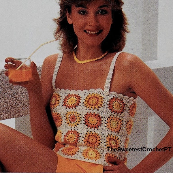 TÉLÉCHARGEMENT IMMÉDIAT Modèle de haut carré grand-mère au crochet Modèle de haut dos nu au crochet Modèle de haut court au crochet vintage des années 80 3 tailles