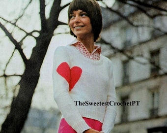 Heart sweater knitting pattern Woman heart top pullover Vintage 70's 4 Sizes Bust 31-35in Sport 5 ply yarn Vintage 70's INSTANT DOWNLOAD PDF