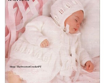 Girls Matinee Coat Bonnet and Booties knitting pattern Toddler Cardigan 2 Sizes: 1-2years DK 8 ply yarn Vintage INSTANT DOWNLOAD Pdf