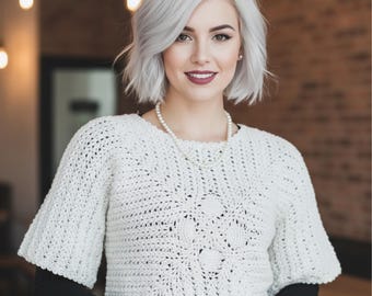 Crochet top pattern Short sleeve sweater blouse crochet pattern  3 sizes Sport 5 ply yarn Vintage 90s INSTANT DOWNLOAD PDF