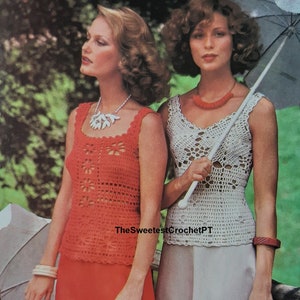 Womens romantic crochet top patterns Crochet summer tops Retro lacy tops Filet 3 sizes Fingering 4 ply yarn Vintage 70s INSTANT DOWNLOAD PDF