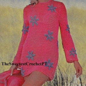 Womens crochet dress pattern Mesh dress Beachwear Flower Summer dress Vintage 70&#39;s 3 Sizes Sport yarn INSTANT DOWNLOAD PDF