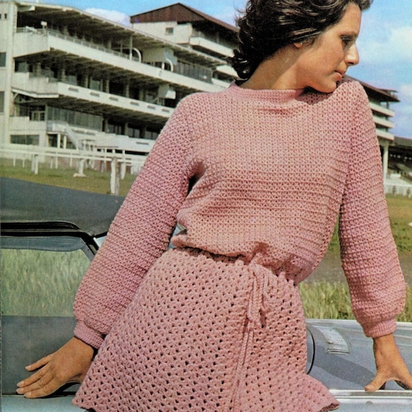 Womens crochet dress pattern Long sleeve dress pattern Vintage 70's Bust 34-38in Fingering 4 ply yarn Instant download PDF