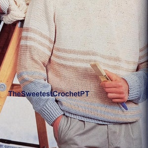 Mens round neck sweater knitting pattern Mens striped pullover jumper 5 sizes DK 8 ply yarn Vintage 80&#39;s INSTANT DOWNLOAD Pdf