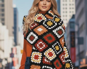 Crochet granny squares shawl Pashmina womens afghan scarf grannies pattern Worsted yarn INSTANT DOWNLOAD PDF