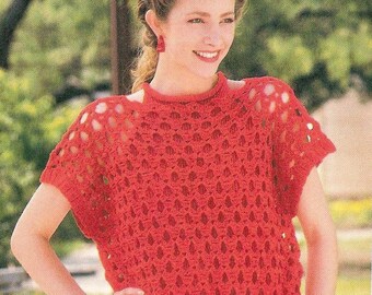 Womens open stitch crochet sweater pattern Ladies mesh top crochet pattern Shell pullover 3 sizes Sport 5 ply Vintage INSTANT DOWNLOAD PDF