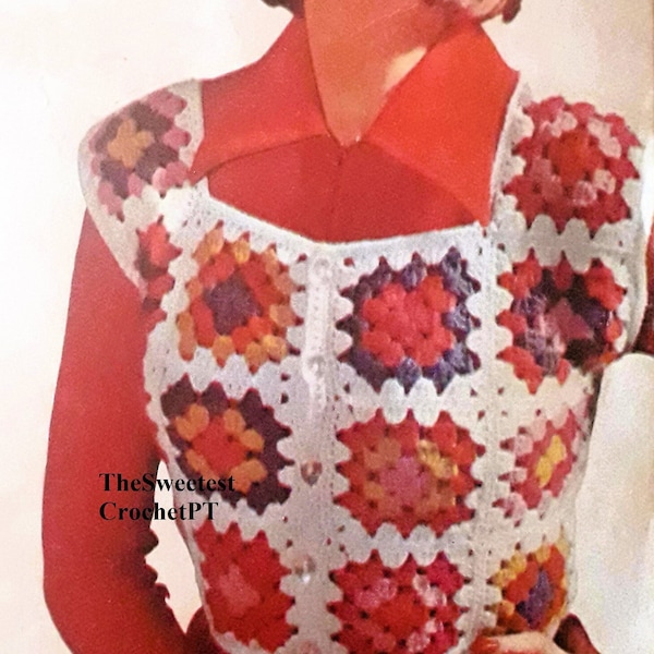 Modèle au crochet haut carré grand-mère pour femme au Crochet gilet et chapeau 2 tailles DK 8 fils de plis vintage des années 70 Téléchargement instantané Pdf