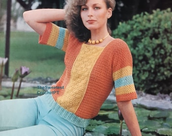 Ladies lacy crochet top pattern Short sleeve summer blouse crochet pattern 4 sizes Sport 5 ply yarn Vintage 70s INSTANT DOWNLOAD PDF