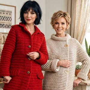 May include: Two long-sleeved crochet coats. The left coat is bright red with a collar, shoulder tabs, and three round buttons. The right coat is beige with a high neck, folded cuffs, and three large round buttons. A pink circular tag reads Shop: TheSweetest CrochetPT.