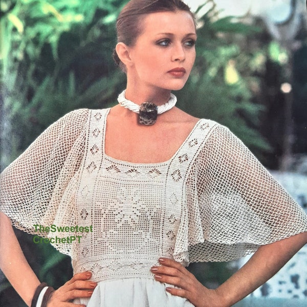 Haut en maille filet au crochet Pull d'été en dentelle au point ouvert 3 tailles buste 30,5-36 pouces fil n° 30 vintage des années 70 TÉLÉCHARGEMENT IMMÉDIAT LE PDF