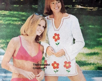 Crochet bikini and Cover up crochet pattern Beachwear Embroidery and Cross Stitch 3 Sizes Thread No10 Vintage 70s INSTANT DOWNLOAD PDF