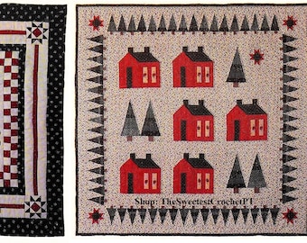 Peut inclure: Deux courtepointes carrées avec des motifs de maisons rouges. La courtepointe de gauche présente une maison rouge centrale encadrée par une bordure à carreaux noirs et blancs et une bordure florale noire. Celle de droite montre des maisons.